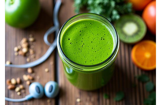 A vibrant green smoothie and fresh fruit on a wooden table, with headphones nearby, suggesting nutrition and music connection.
